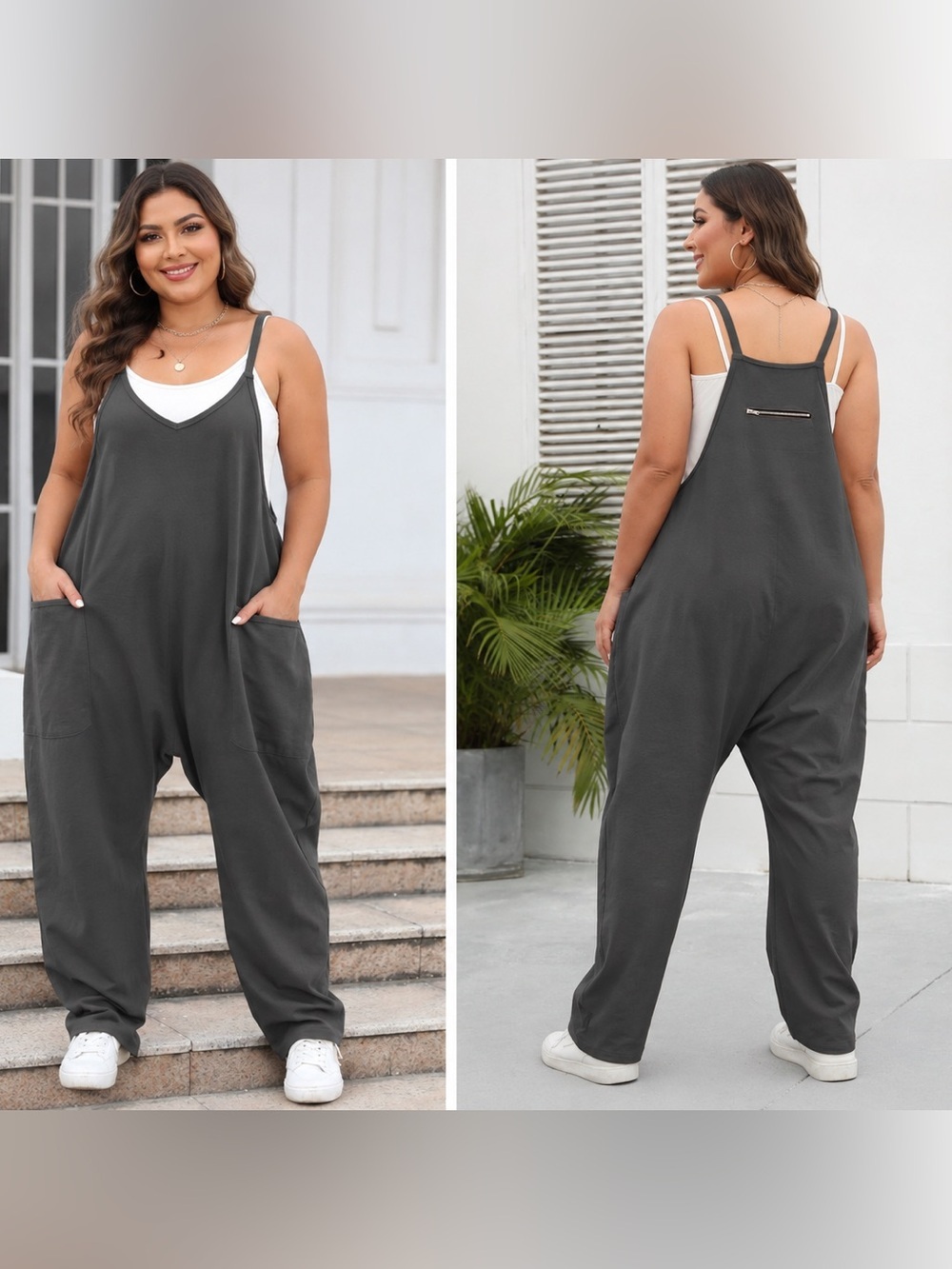 Oufeiya Women’s Casual Sleeveless Baggy Jumpsuit Romper with Pockets Gray XL